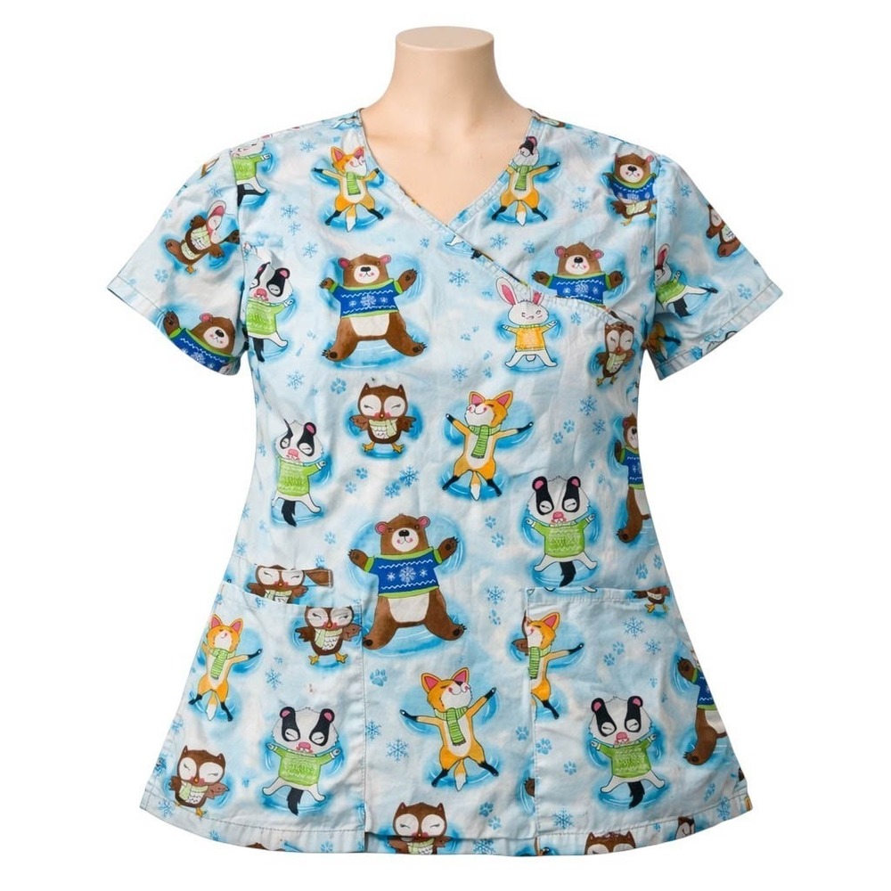 Cherokee Scrub Top Small Owls Bears Foxes Rabbits Snowflakes Blue White Brown